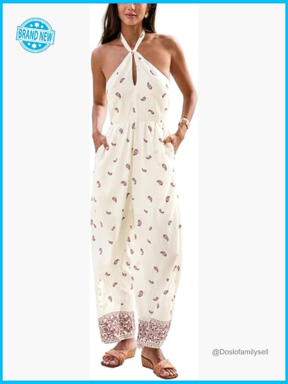 Sleeveless Halter Neck Wide Leg Jumpsuit with Pockets Summer Beach Vacation
